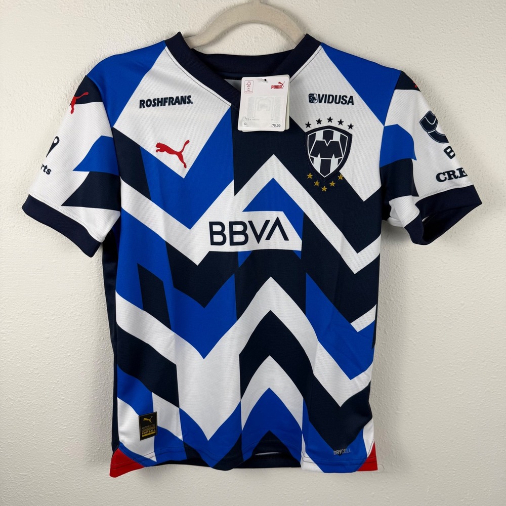 Puma Rayados de Monterrey Kids Soccer Jersey‎ DryCell Blue White BBVA Authentic